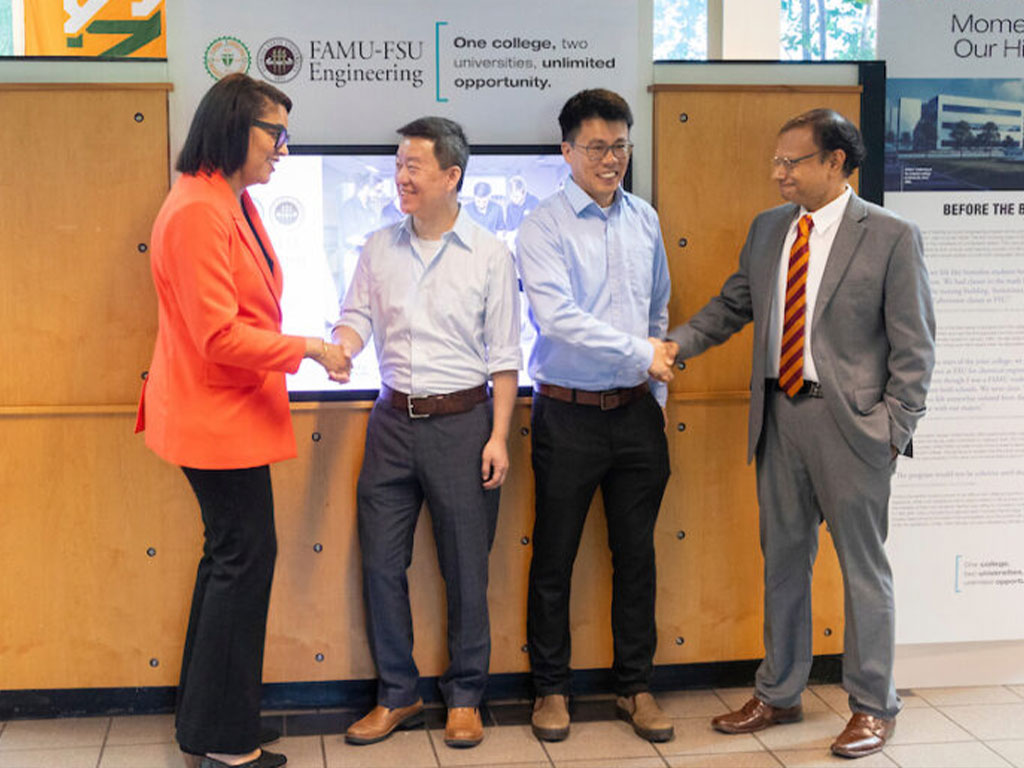 (from left) FAMU Provost/Vice President for Academic Affairs Allyson Watson,FAMU-FSU College of Engineering professors Wei Guo and Bayaner Arigong, and Dean Suvranu De. The funds were awarded to the FAMU-FSU College of Engineering through FAMU. (credit: Scott Holstein/FAMU-FSU College of Engineering)